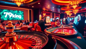 Players enjoying the thrills of casino tables at 79king, with a vibrant roulette wheel and intense poker action.