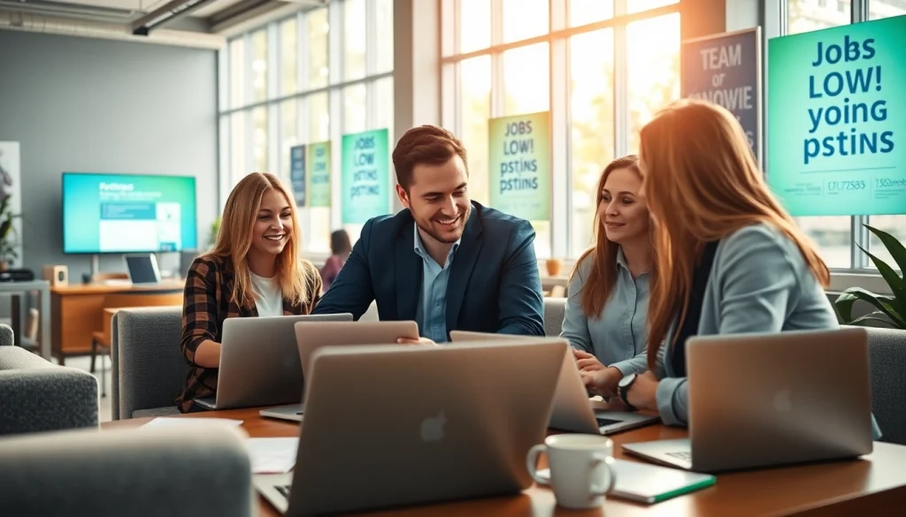 Efficient teamwork displayed through a free job post strategy in a bright office setting.