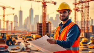 New York City Construction Manager reviewing blueprints at a busy construction site.