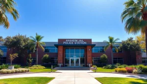 Visit the Anaheim Jail police station, showcasing its modern architecture and inviting entrance.