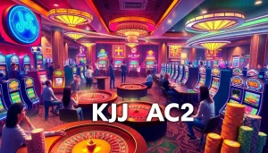 KJC AC 2 casino scene with players at vibrant gaming tables and slot machines.