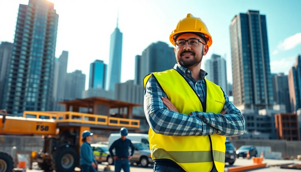 Showcasing a New York City General Contractor supervising a bustling construction site amidst iconic skyscrapers.