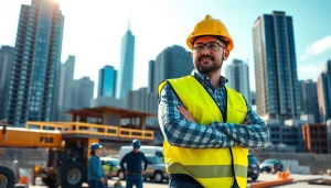 Showcasing a New York City General Contractor supervising a bustling construction site amidst iconic skyscrapers.