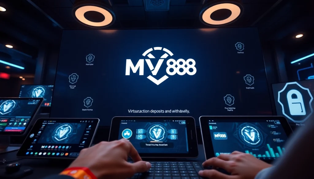 MV 88 logo on a modern gaming platform highlighting secure transactions and user engagement in a high-tech setting.