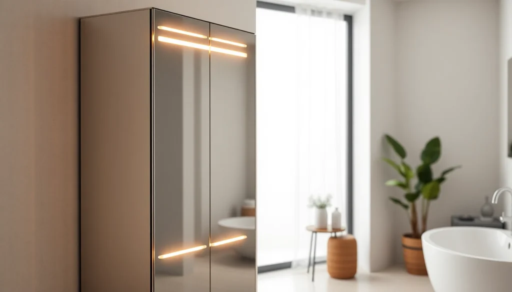 Erwerb eines spiegelschrank mit led Beleuchtung in modernem Badezimmer mit eleganter Atmosphäre.