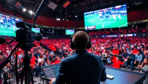 스포츠중계를 위한 현대적인 방송 스튜디오와 액세서리의 활기찬 모습