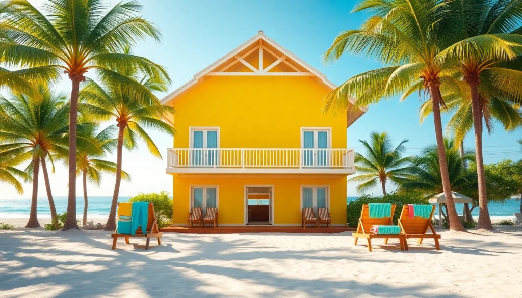 Coastal cabana with palm trees and beach chairs inviting relaxation by the ocean.