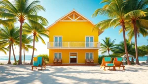 Coastal cabana with palm trees and beach chairs inviting relaxation by the ocean.