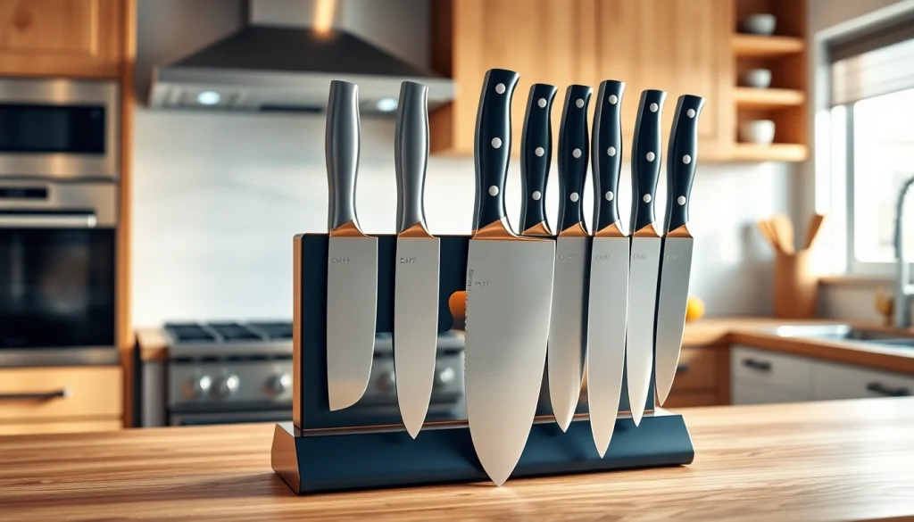 Showcase of a premium knife set NZ on a kitchen countertop with elegant knives.