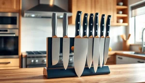 Showcase of a premium knife set NZ on a kitchen countertop with elegant knives.