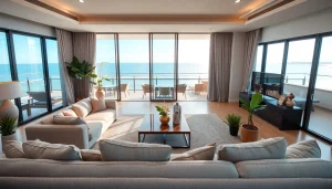 Pattaya property for rent: Luxurious living room showcasing stunning beach views.