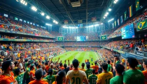 Engaging scene of sports betting in Brazil showcasing vibrant dynamics in a stadium.