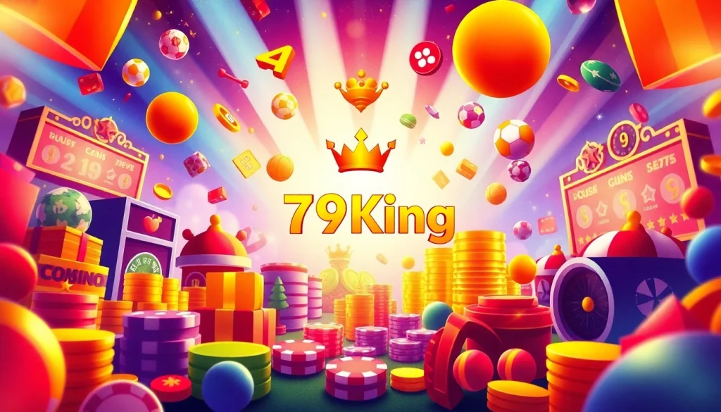 Vibrant illustration of 79King online gambling platform including various betting games.