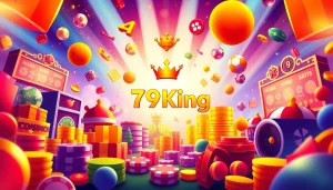 Vibrant illustration of 79King online gambling platform including various betting games.