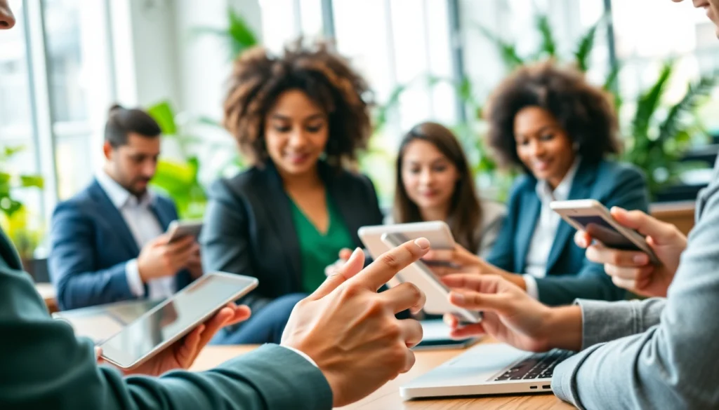 Zoekfunctie op https://bedrijvengidsen-nederland.nl met diverse mensen in een professionele kantooromgeving.