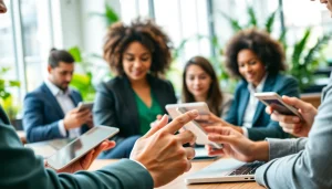 Zoekfunctie op https://bedrijvengidsen-nederland.nl met diverse mensen in een professionele kantooromgeving.