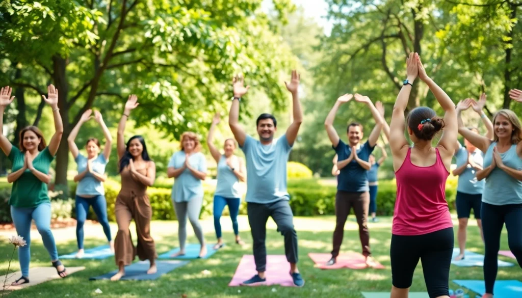 Join the vibrant outdoor yoga class at https://healthyvix.com, showcasing diverse individuals practicing wellness together.