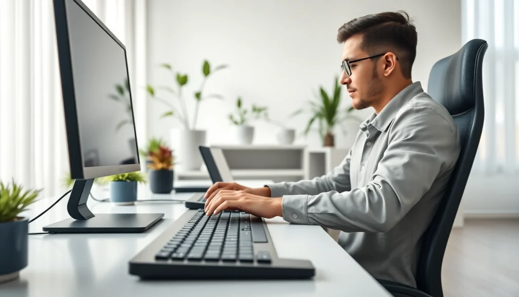 Optimize productivity at the typing center with a modern workstation and focused individual.