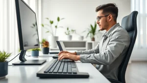 Optimize productivity at the typing center with a modern workstation and focused individual.