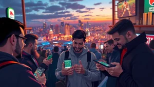 Engaging illustration of the best sports betting apps in India with enthusiastic bettors in an urban environment.