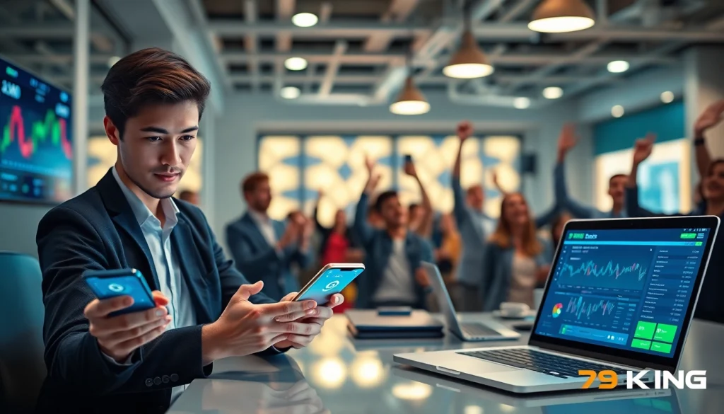 Modern digital betting platform with 79king branding, featuring smartphones and laptops with high-tech interfaces, emphasizing trust and innovation in online betting in 2025.