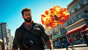 Bayside Boom action scene showcasing a hero facing an explosive threat in a vibrant coastal city.