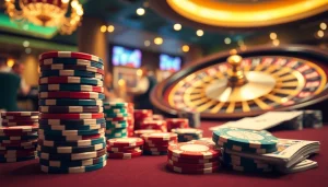 เล่นคาสิโนในบรรยากาศที่มีชีวิตชีวาพร้อมชิปโป๊กเกอร์และโต๊ะเล่นที่งดงาม