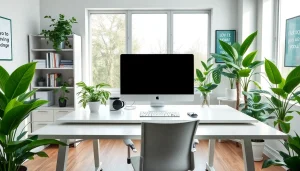 Bekijk de professionele werkruimte met een moderne computeropstelling op https://www.stofnodig.nl.