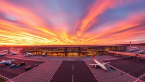 Travelers arriving at Glasgow Airport, showcasing the terminal's modern architecture and welcoming atmosphere.