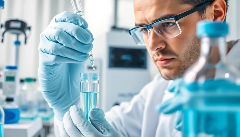 Buy peptides online with a scientist measuring peptides in a professional lab setting.