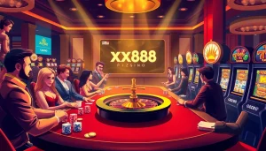 A lively casino scene at https://xx88.pizza/ with players enjoying poker and roulette games.