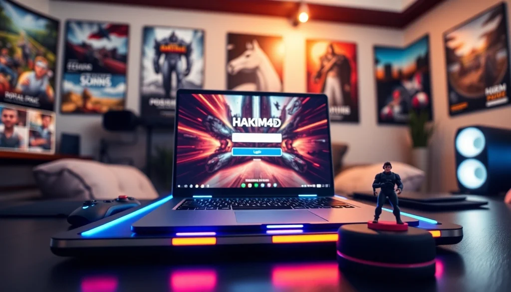 Login ke hakim4d game dalam suasana modern dengan laptop gaming dan pencahayaan LED.