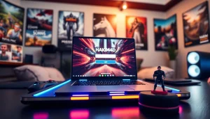 Login ke hakim4d game dalam suasana modern dengan laptop gaming dan pencahayaan LED.