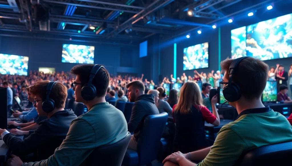 Experience the dynamic atmosphere of esports events at https://gamelevate.com with focused gamers and cheering crowds.