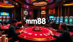Experience thrilling gameplay at mm88 with players enjoying poker, roulette, and slot machines in a vibrant casino atmosphere.