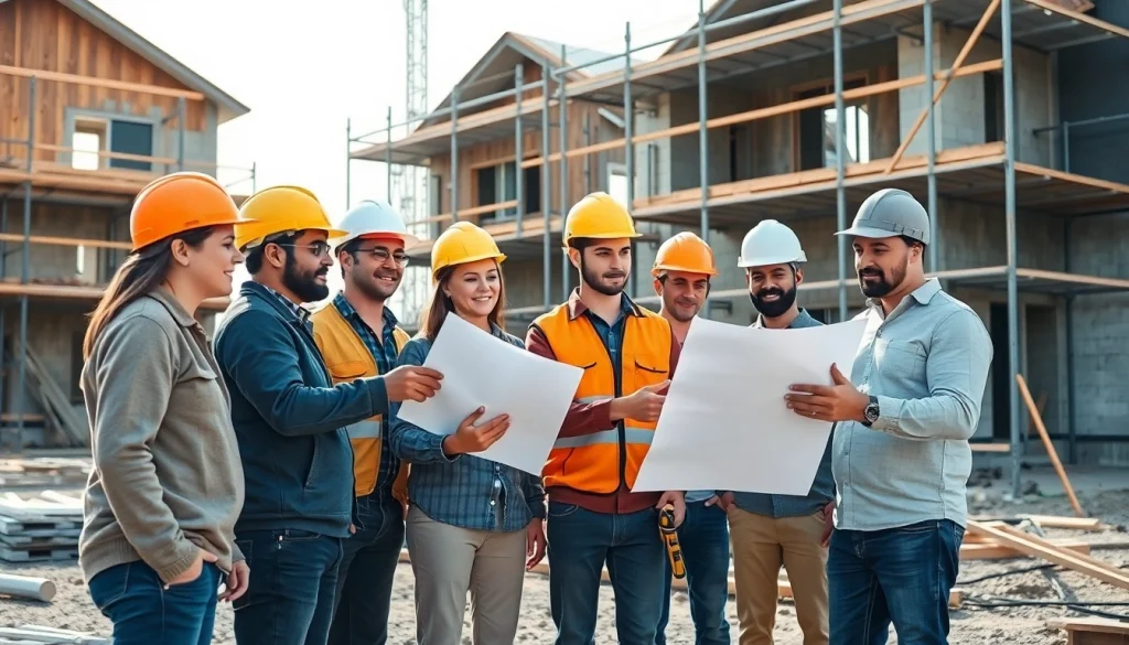 Engaged team of professionals from building companies near me assessing plans on a construction site.