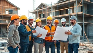 Engaged team of professionals from building companies near me assessing plans on a construction site.