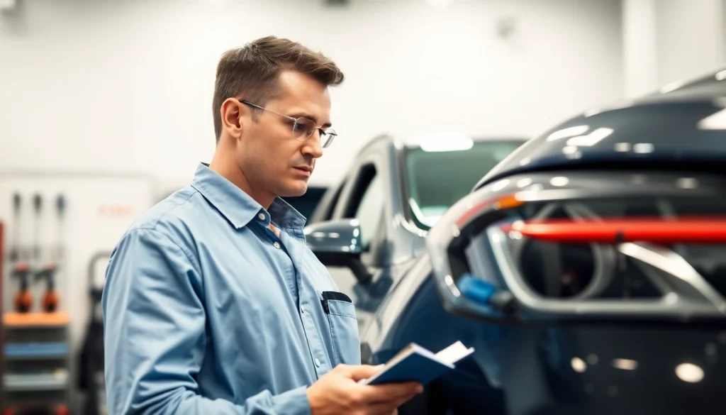 Unfall Auto Gutachter bewertet ein beschädigtes Fahrzeug sorgfältig in einer Werkstatt.