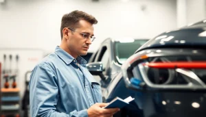 Unfall Auto Gutachter bewertet ein beschädigtes Fahrzeug sorgfältig in einer Werkstatt.