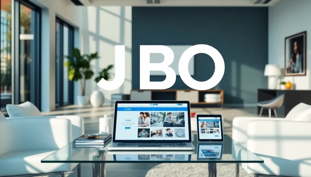 Showcasing the JBO logo in a sleek office setting, highlighting digital innovation.
