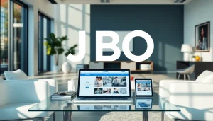 Showcasing the JBO logo in a sleek office setting, highlighting digital innovation.