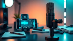 MV 88 microphone showcased in a modern tech workspace with audio software on smartphone.