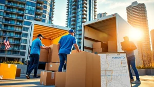 Toronto moving company helping a family relocate, showcasing efficient movers and modern urban backdrop.