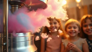 Verleidelijk wafel katoen dat met blije kinderen op de achtergrond wordt gesponnen.