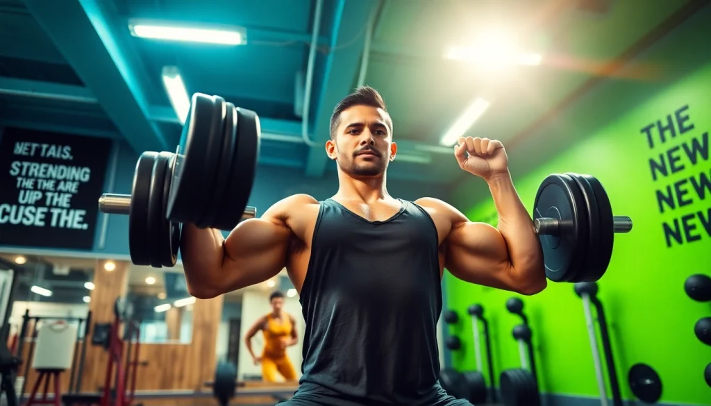 Fitness enthusiast demonstrating strength with weights in the gym, showcasing 888 new fitness goals.