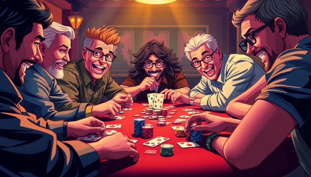 Players enjoying Rummy nabob at a lively game night, showcasing excitement and colorful cards.