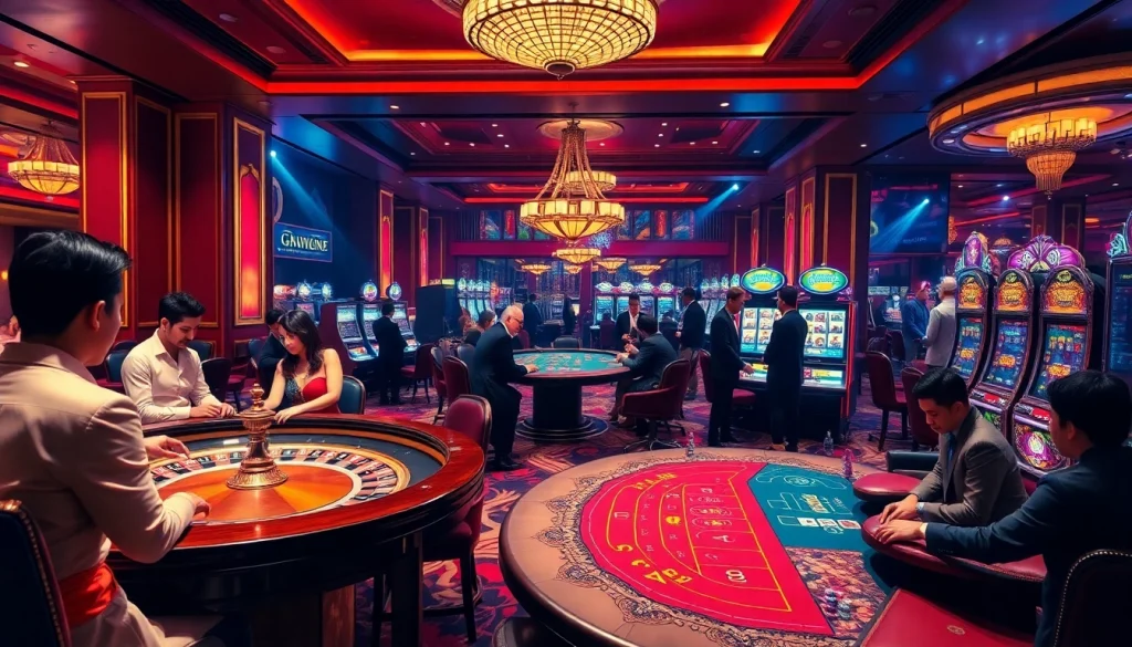 Players enjoying high-stakes casino games at https://1mm888.com/, surrounded by luxurious décor and excitement.