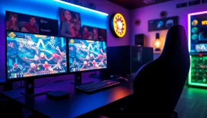 Menampilkan antusiasme diantogel dengan perangkat gaming modern dan pencahayaan dinamis.