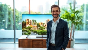 Showcasing new launch condos at https://newdeveloperlaunch.sg with vibrant digital displays and agent in modern office.