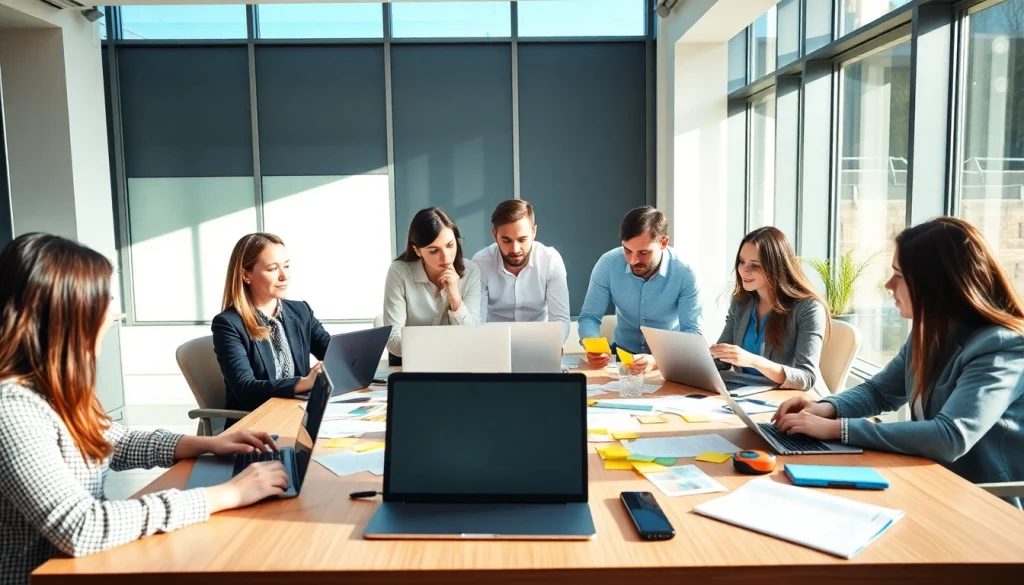 Engaged team discussing strategies for https://boost-social-media.com with a creative workspace.